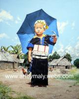 Hmong - The Little Girl With The Blue Umbrella - Gouache